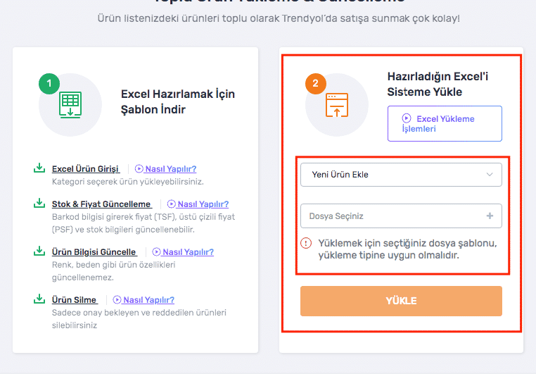 Trendyol excel ile toplu ürün yükleme