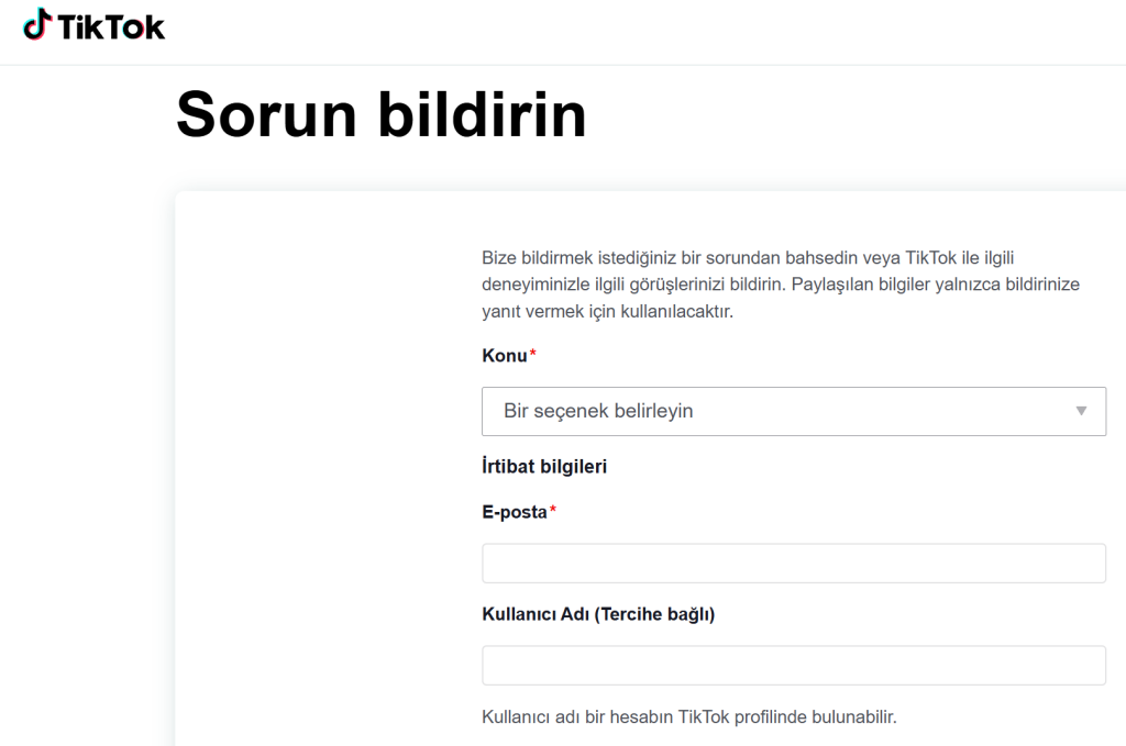Tiktok sorun bildirme linki