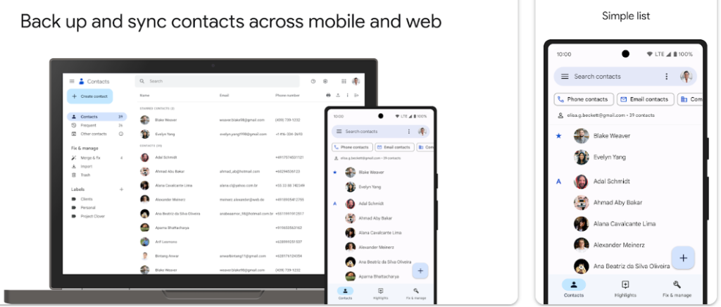 Android En İyi Rehber Uygulaması - Mobil Google Kişiler uygulaması görüntüsü