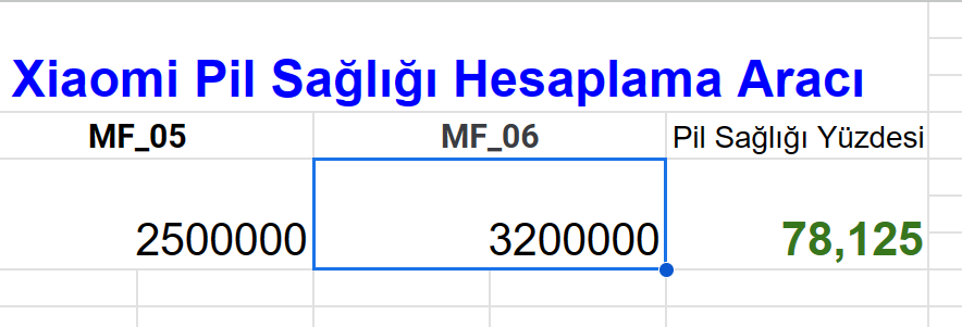 Xiaomi Pil Sağlığı Hesaplama Exceli