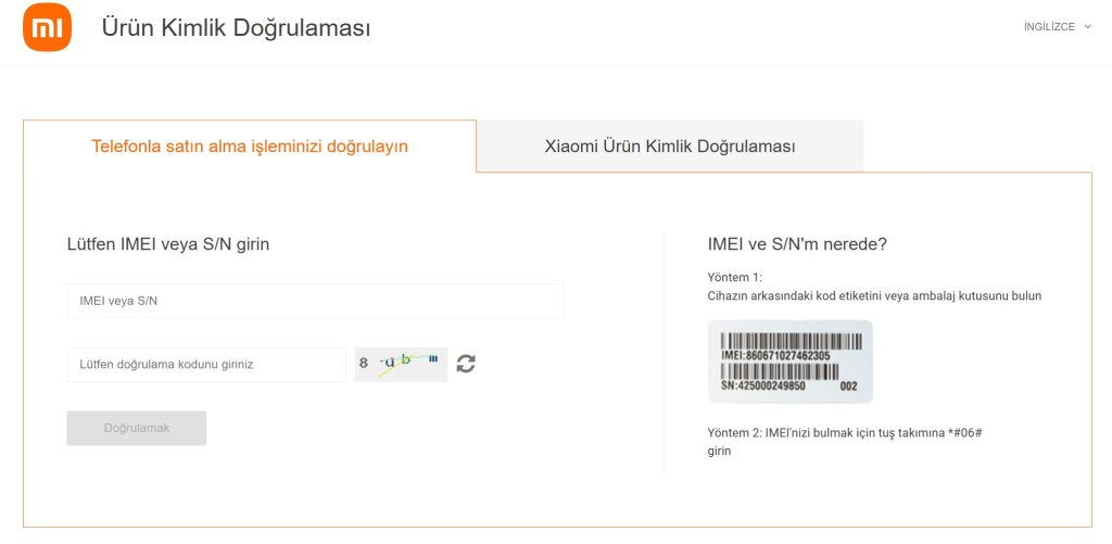 Xiaomi Resmi ürün sorgulama sitesi